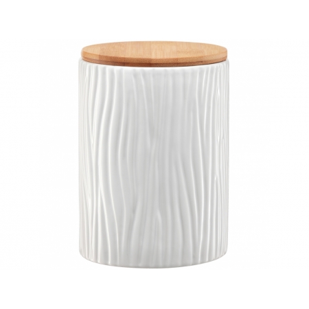 Pojemnik ceramiczny Tuvo biały z wytłoczeniami z bambusową pokrywką 1110 ml AMBITION